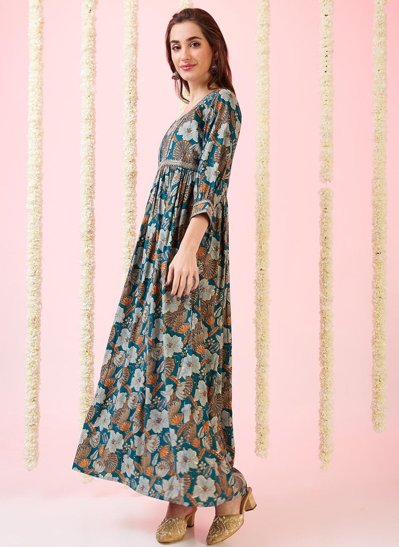Globus Women Sweetheart Neck Embroidered Foil Floral Print Gathered A-Line Festive Maxi Dress - Image 3